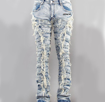 Custom Heavy-Distressed Drawstring Denim Jeans with Embroidered Stitching