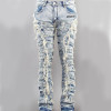 Custom Heavy-Distressed Drawstring Denim Jeans with Embroidered Stitching
