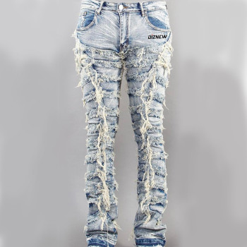 Custom Heavy-Distressed Drawstring Denim Jeans with Embroidered Stitching