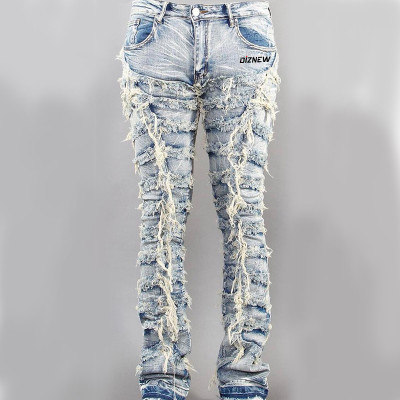 Custom Heavy-Distressed Drawstring Denim Jeans with Embroidered Stitching
