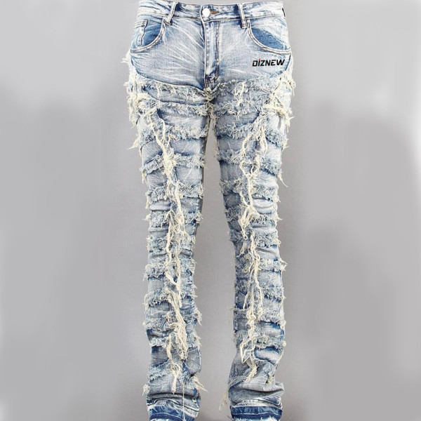 Custom Heavy-Distressed Drawstring Denim Jeans with Embroidered Stitching