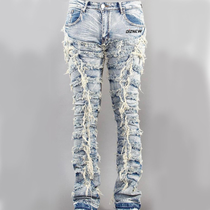 Custom Heavy-Distressed Drawstring Denim Jeans with Embroidered Stitching