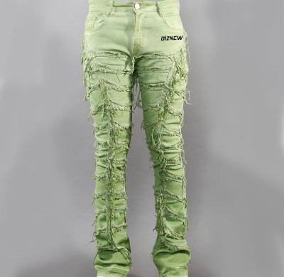 Custom Heavy-Distressed Drawstring Denim Jeans with Embroidered Stitching
