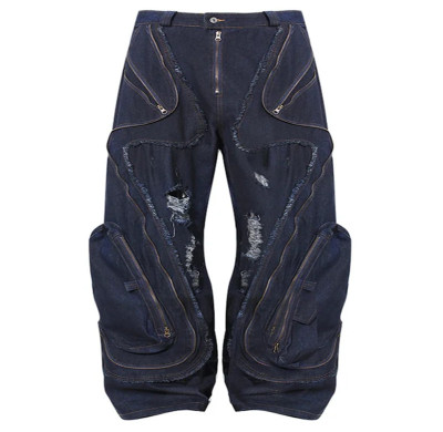 Custom Avant-Garde Distressed Denim Pants with Oversized Pockets