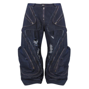 Custom Avant-Garde Distressed Denim Pants with Oversized Pockets