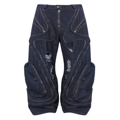 Custom Avant-Garde Distressed Denim Pants with Oversized Pockets