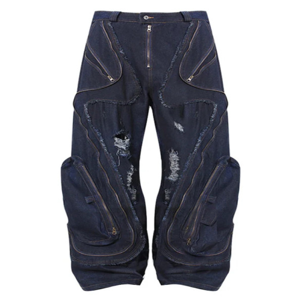 Custom Avant-Garde Distressed Denim Pants with Oversized Pockets - Unique Distressed Denim | DiZNEW