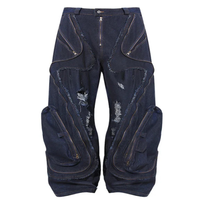 Custom Avant-Garde Distressed Denim Pants with Oversized Pockets