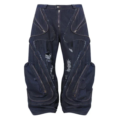 Custom Avant-Garde Distressed Denim Pants with Oversized Pockets
