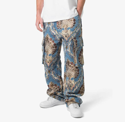 Custom Baroque Pattern Wide-Leg Cargo Pants