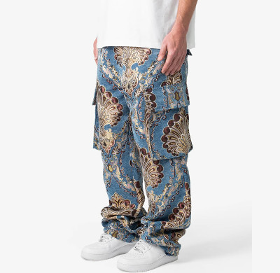 Custom Baroque Pattern Wide-Leg Cargo Pants