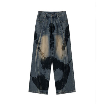 Custom Artistic Hand-Print Washed Wide-Leg Denim