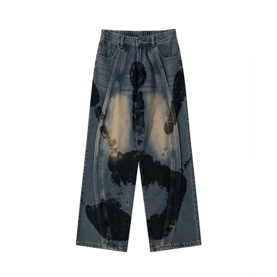 Custom Artistic Hand-Print Washed Wide-Leg Denim