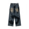 Custom Artistic Hand-Print Washed Wide-Leg Denim