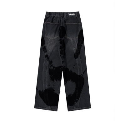 Custom Artistic Hand-Print Washed Wide-Leg Denim