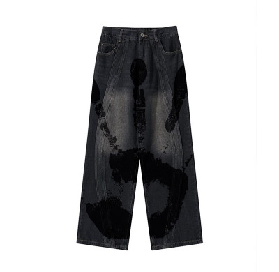 Custom Artistic Hand-Print Washed Wide-Leg Denim