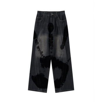 Custom Artistic Hand-Print Washed Wide-Leg Denim