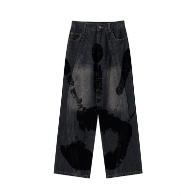 Custom Artistic Hand-Print Washed Wide-Leg Denim