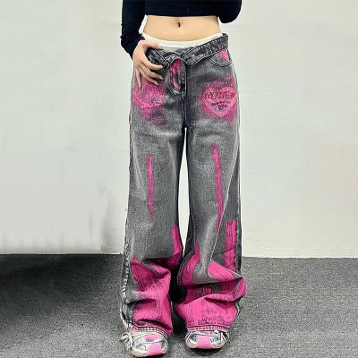 Custom Graffiti Wide-Leg Jeans with Heart Logo