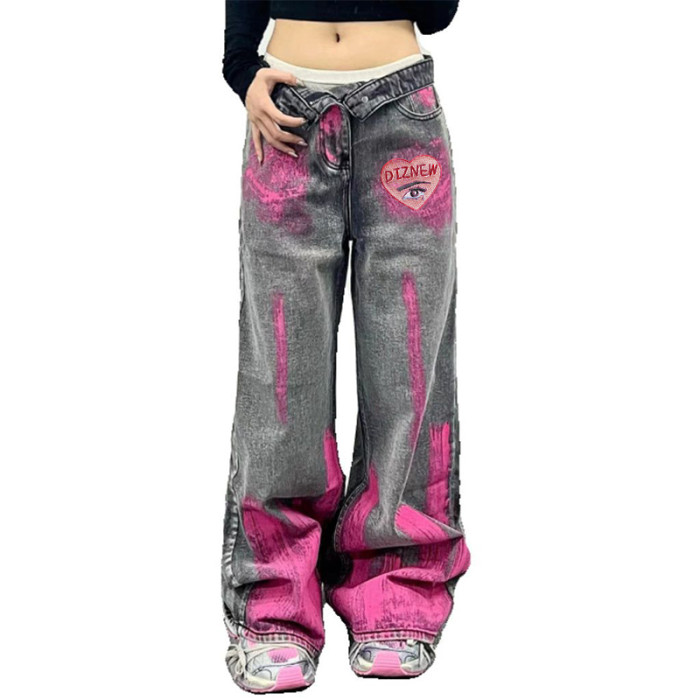 Custom Graffiti Wide-Leg Jeans with Heart Logo