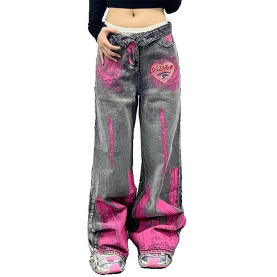 Custom Graffiti Wide-Leg Jeans with Heart Logo