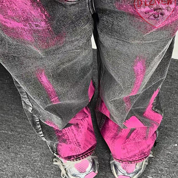 Custom Graffiti Wide-Leg Jeans with Heart Logo
