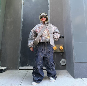 Custom Oversized Rivet-Accented Jeans – Bold Circular Patchwork Design