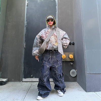 Custom Oversized Rivet-Accented Jeans – Bold Circular Patchwork Design