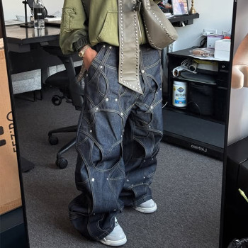 Custom Oversized Rivet-Accented Jeans – Bold Circular Patchwork Design