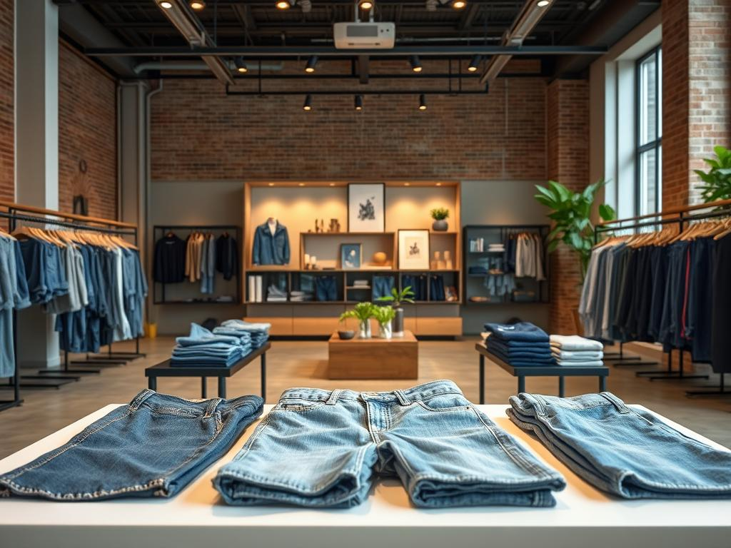 A well-lit, modern showroom displaying a diverse array of premium, on-trend jean shorts. In the foreground, a neatly folded selection of denim shorts in various washes, cuts, and styles, showcasing the manufacturer's attention to detail and quality craftsmanship. The middle ground features a clean, minimalist display with carefully curated lifestyle props, hinting at the versatility of the products. The background depicts a sleek, industrial-chic setting with exposed brick walls, warm lighting, and a touch of greenery, conveying a sense of sophistication and a commitment to sustainability. The overall atmosphere exudes an air of professionalism, innovation, and a deep understanding of current fashion trends.