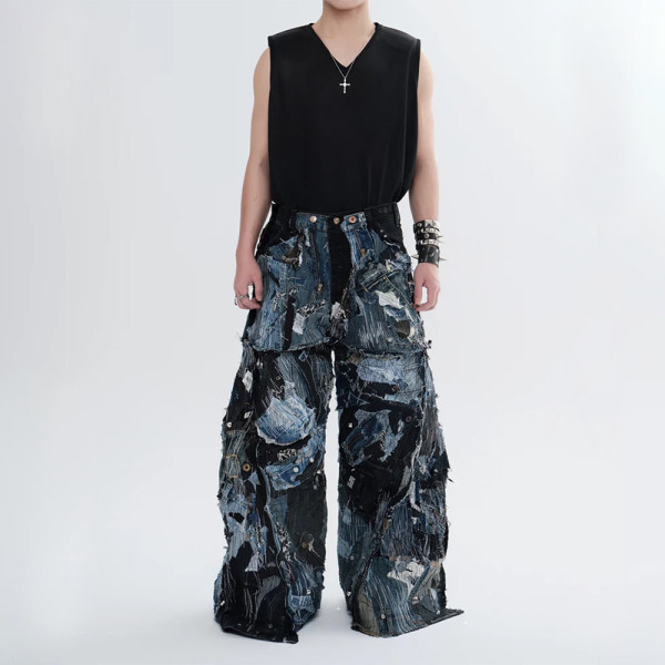 Custom Distressed Patchwork Jeans – Avant-Punk Statement Pants