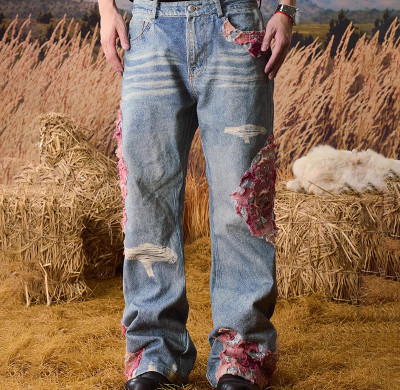 Vintage Destroyed Denim with Floral Contrast Patchwork