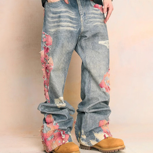 Vintage Destroyed Denim with Floral Contrast Patchwork