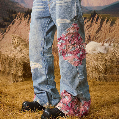 Vintage Destroyed Denim with Floral Contrast Patchwork
