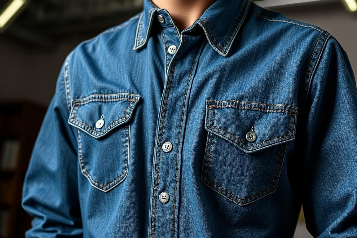 A finely crafted custom denim shirt, with intricate stitching and rugged texture, set against a backdrop of a well-lit studio. The shirt features a classic button-down design, with a tailored fit and subtle distressing for a lived-in aesthetic. The lighting casts soft shadows, highlighting the fabric's depth and sheen, while the camera angle captures the shirt's silhouette and attention to detail. The overall mood is one of high-quality craftsmanship and timeless style, reflecting the brand's reputation as a leading denim shirt manufacturer in the global market.