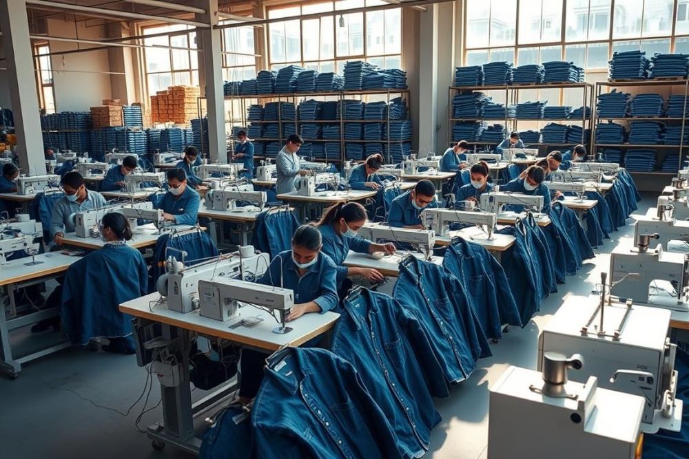 A bustling factory floor with rows of industrial sewing machines, workers diligently crafting high-quality denim shirts. Sunlight streams through large windows, casting a warm glow on the scene. Bolts of denim fabric and neatly stacked finished products line the shelves in the background. The atmosphere is one of productivity and attention to detail, reflecting the expertise of these wholesale denim shirt suppliers. Crisp, clean lines and a modern, minimalist aesthetic convey a sense of reliability and professionalism. The camera angle is slightly elevated, providing an overview of the manufacturing process and highlighting the scale of the operation.