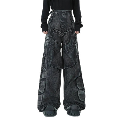 Cyberpunk Armored Wide-Leg Panel Denim Pants