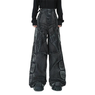 Cyberpunk Armored Wide-Leg Panel Denim Pants