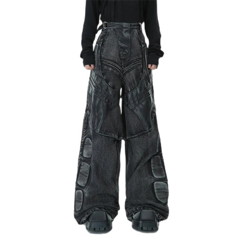 Cyberpunk Armored Wide-Leg Panel Denim Pants