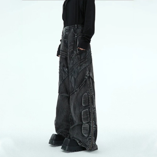 Cyberpunk Armored Wide-Leg Panel Denim Pants