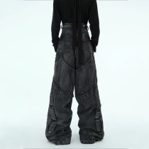 Cyberpunk Armored Wide-Leg Panel Denim Pants