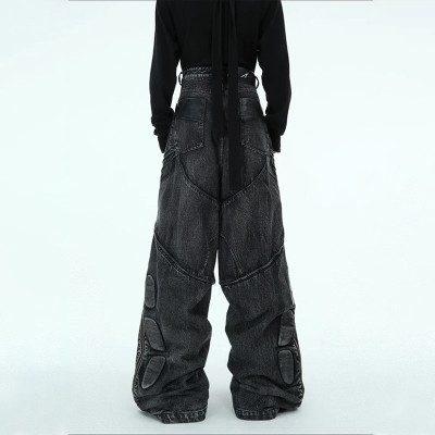 Cyberpunk Armored Wide-Leg Panel Denim Pants