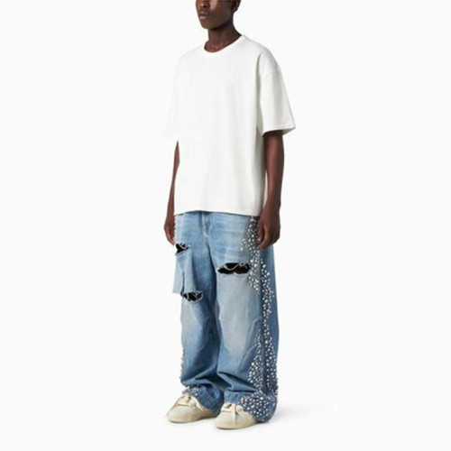 Y2K Destroyed Pearl-Trim Loose Fit Jeans