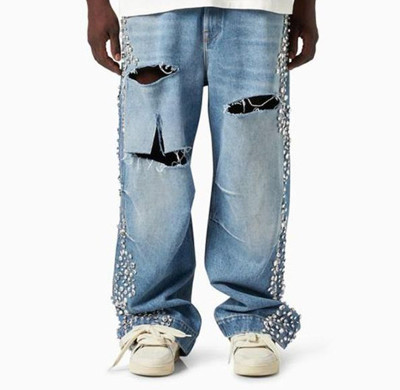 Y2K Destroyed Pearl-Trim Loose Fit Jeans
