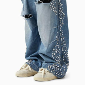 Y2K Destroyed Pearl-Trim Loose Fit Jeans