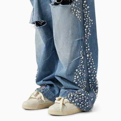 Y2K Destroyed Pearl-Trim Loose Fit Jeans