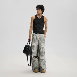 Custom Deconstructed Gray Cargo Denim Pants – Streetwear for High-End Designers