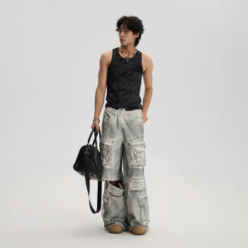 Custom Deconstructed Gray Cargo Denim Pants – Streetwear for High-End Designers