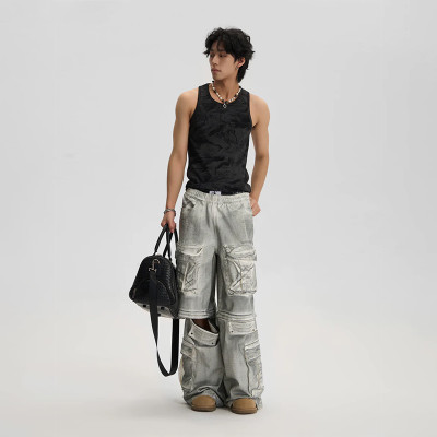 Custom Deconstructed Gray Cargo Denim Pants – Streetwear for High-End Designers