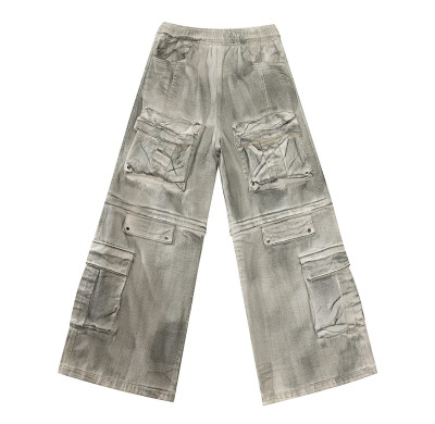 Custom Deconstructed Gray Cargo Denim Pants – Streetwear for High-End Designers